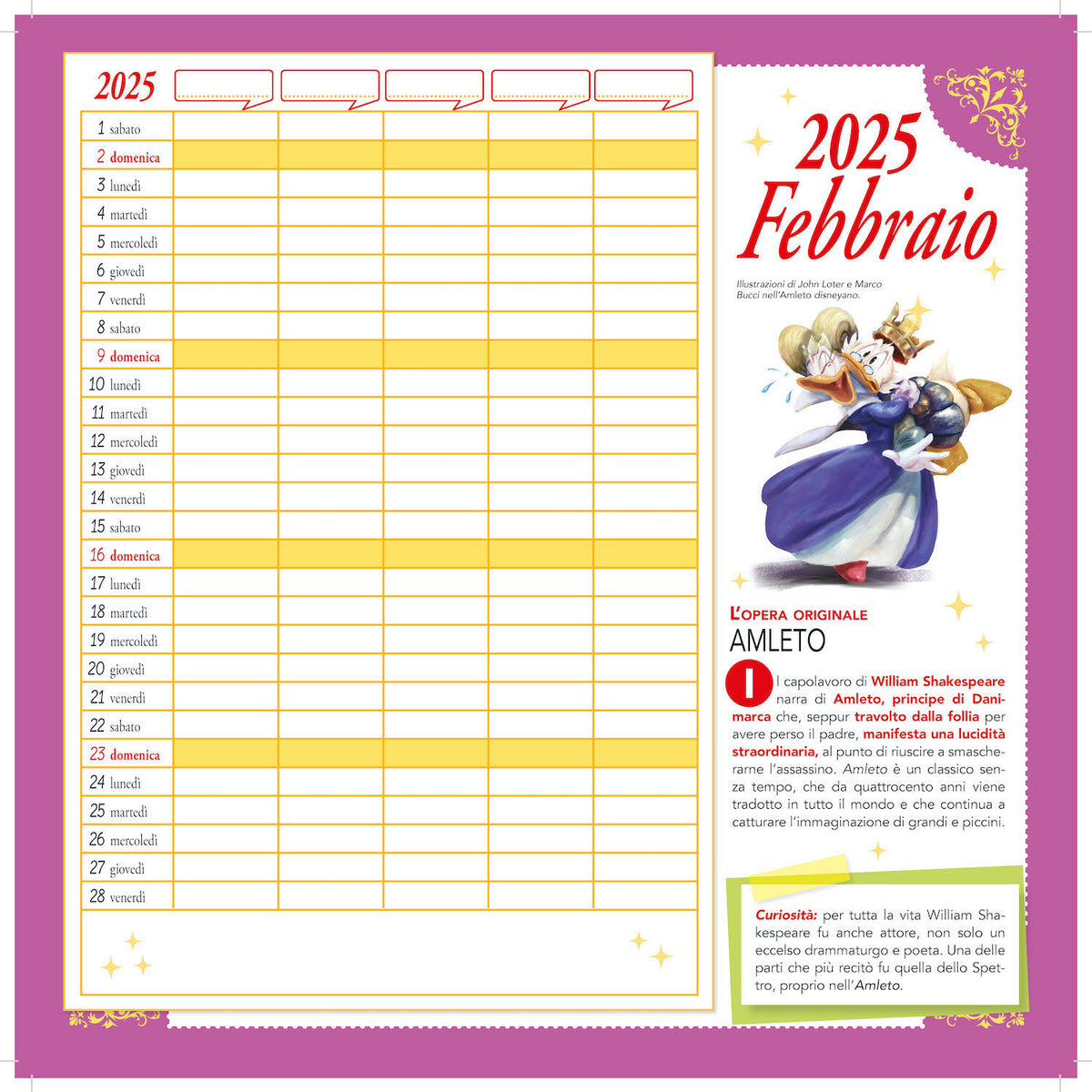 Calendario letterario per la famiglia Disney 2025. Da personalizzare con gli adesivi