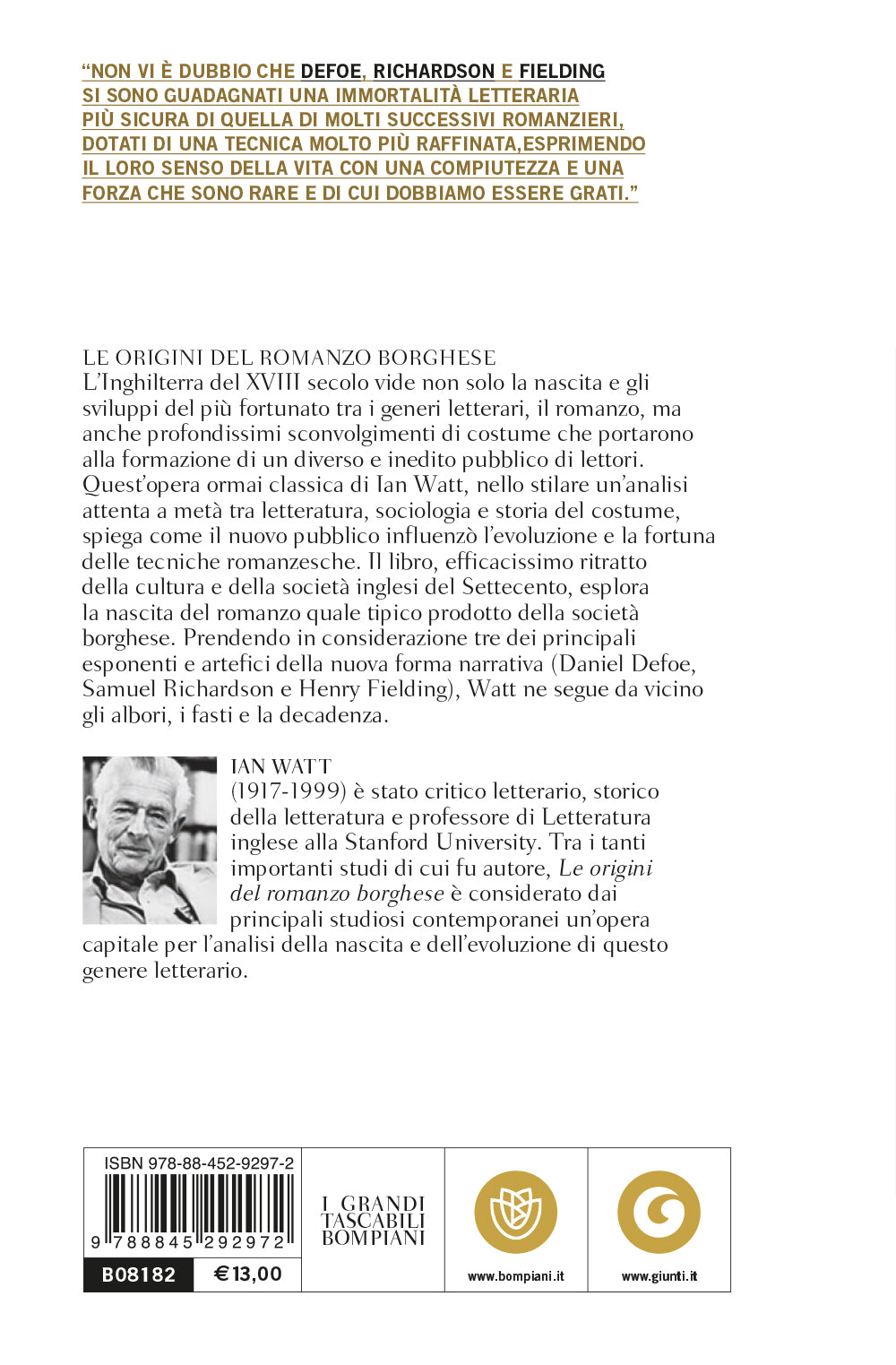 Le origini del romanzo borghese. Studi su Defoe, Richardson e Fielding