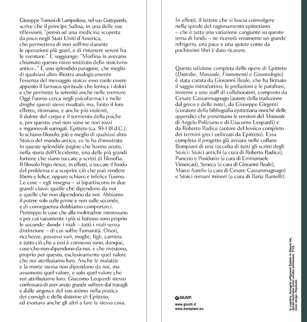 Tutte le opere. Diatribe-Manuale-Frammenti-Gnomologio. Con in Appendice le versioni del Manuale di Angelo Poliziano e Giacomo Leopardi - Testo greco a fronte