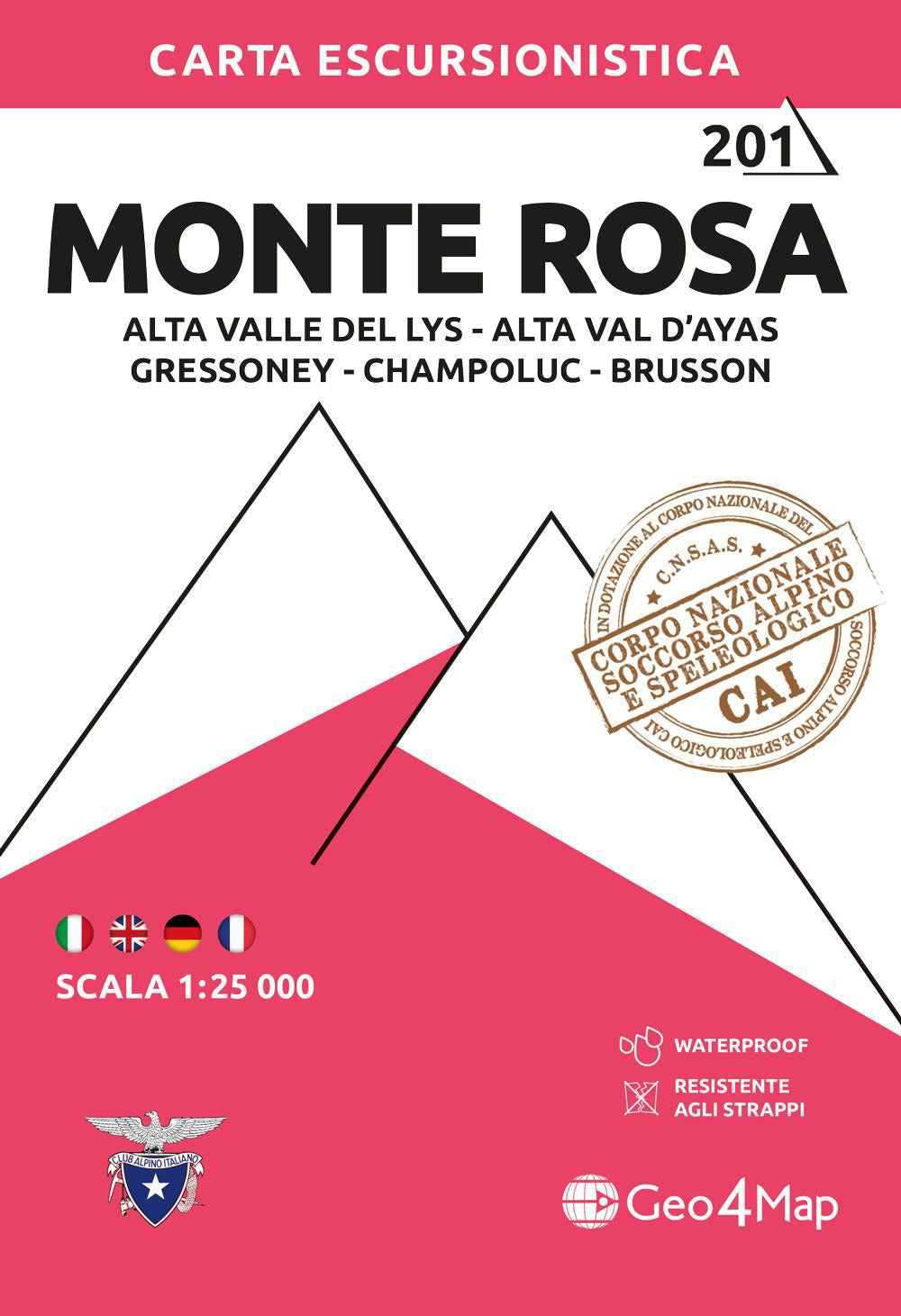 201 Monte Rosa. Alta Valle del Lys, Alta Val d'Ayas, Gressoney, Champoluc, Brusson. Carta escursionistica 1:25.000